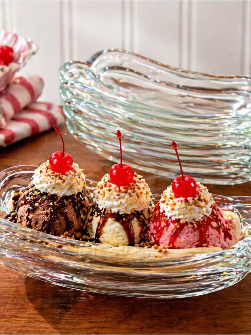 Vintage Glass Banana Split Dishes Set of 4 Clear Dessert Boats Ice Cream Sundae